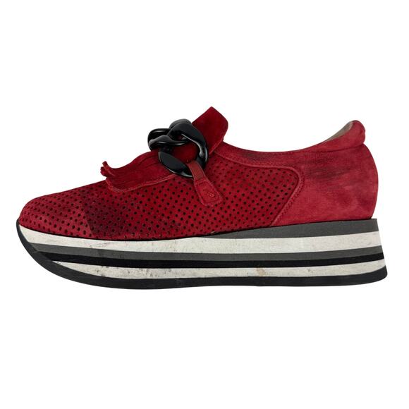 Softwaves Cadie Women’s 36.5 Red Suede Wedge Sneakers Fringe Chain Arch Support - Picture 14 of 15